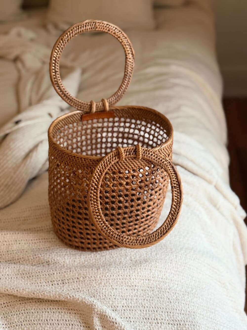 Street Level Woven Rattan Basket Bag | Round Handles - Picture 5 of 5